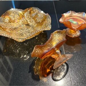 Carnival Glass 3 piece Bowl Set in Gold and Orange
